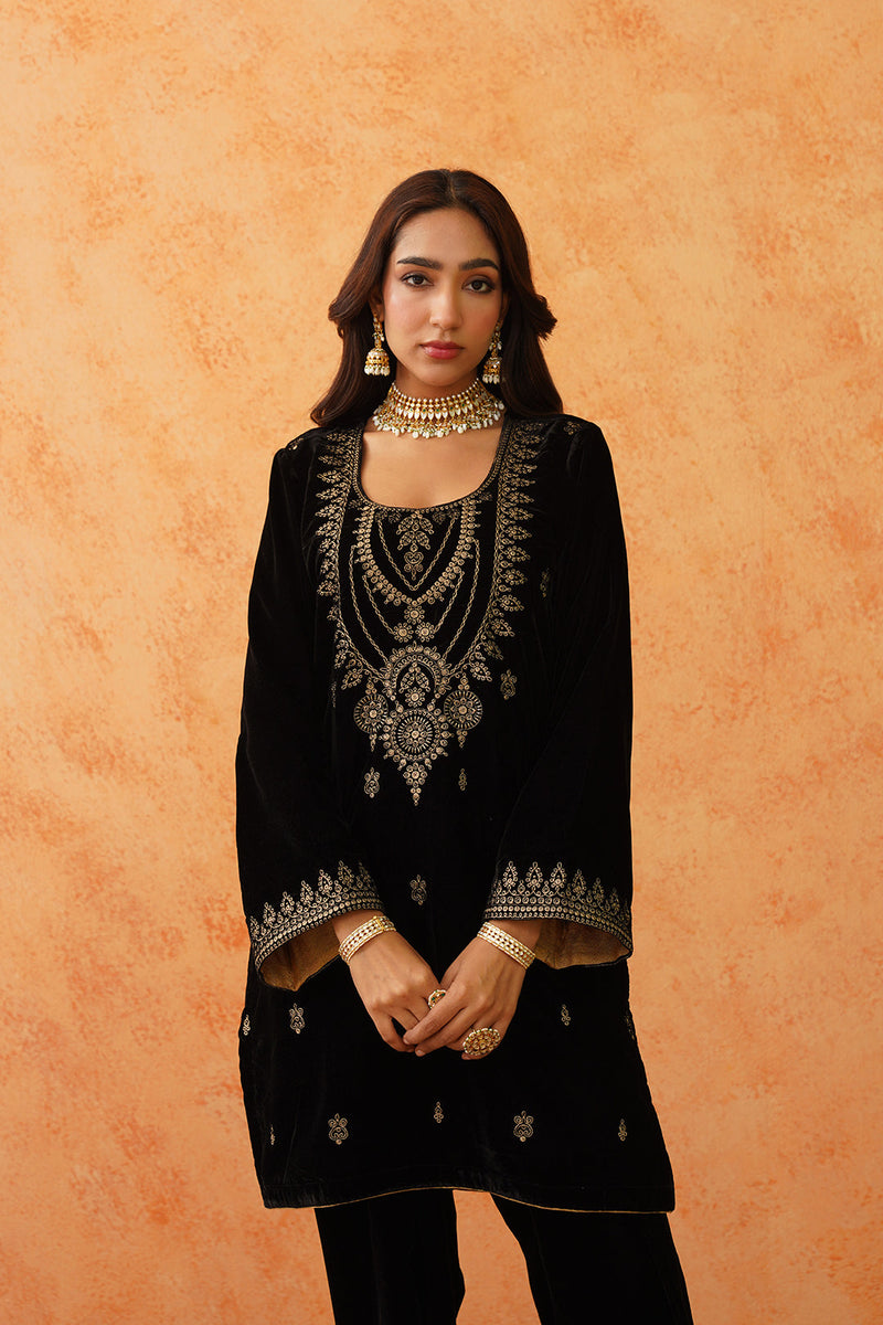 Black Velvet Embroidered Suit with Teal Contrast Dupatta- Inching India