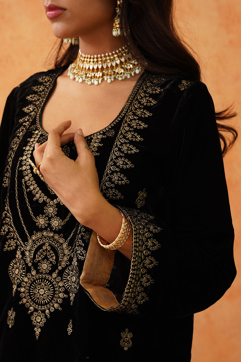 Black Velvet Embroidered Suit with Teal Contrast Dupatta- Inching India