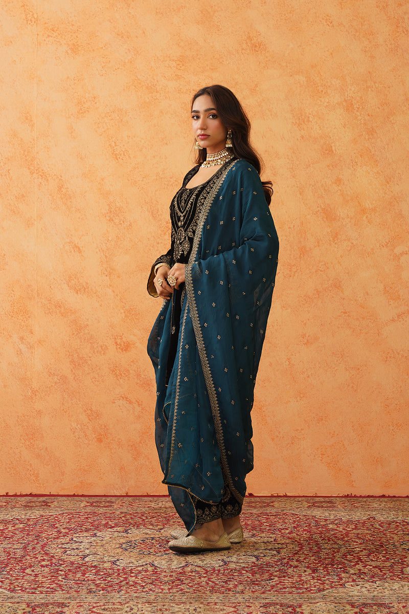 Black Velvet Embroidered Suit with Teal Contrast Dupatta- Inching India