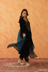 Black Velvet Embroidered Suit with Teal Contrast Dupatta- Inching India