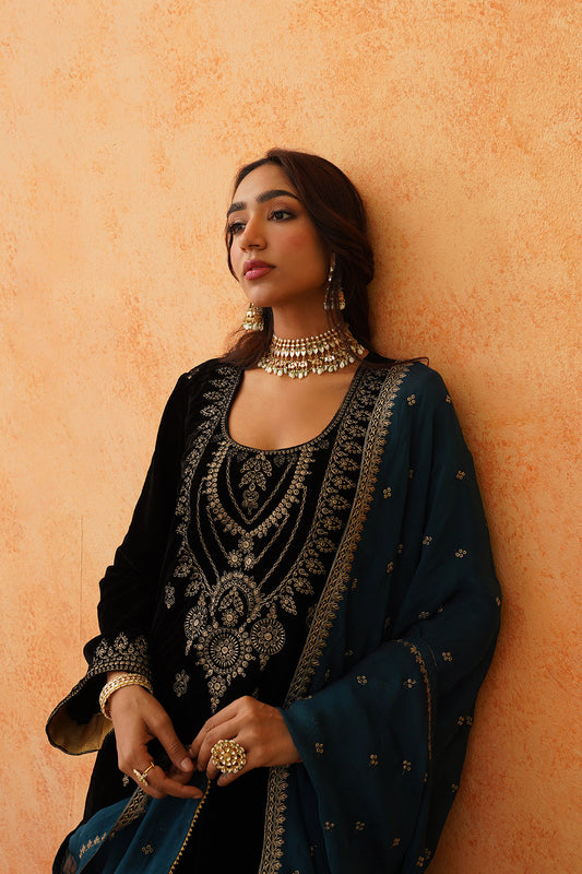 Black Velvet Embroidered Suit with Teal Contrast Dupatta- Inching India