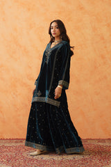 Teal Blue Velvet Embroidered Sharara Set- Inching India