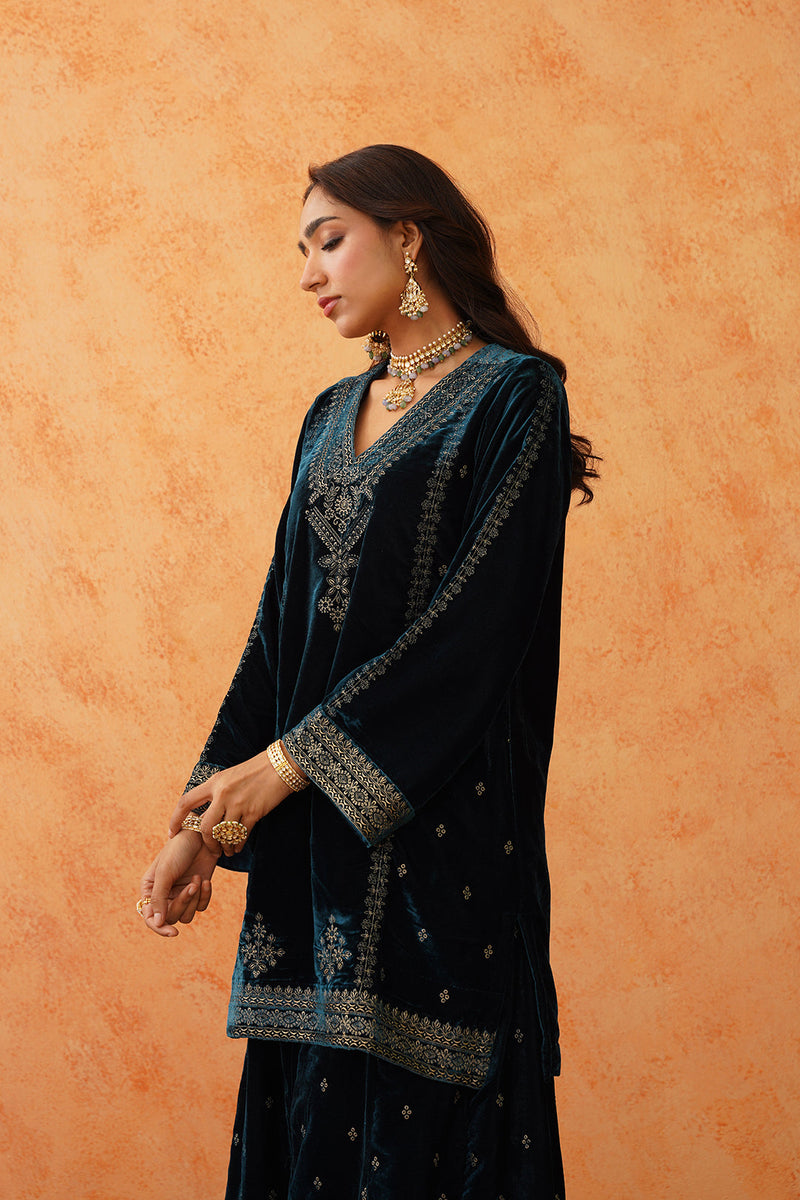 Teal Blue Velvet Embroidered Sharara Set- Inching India