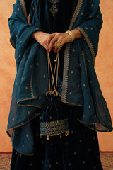 Teal Blue Velvet Embroidered Sharara Set- Inching India