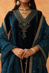 Teal Blue Velvet Embroidered Sharara Set- Inching India