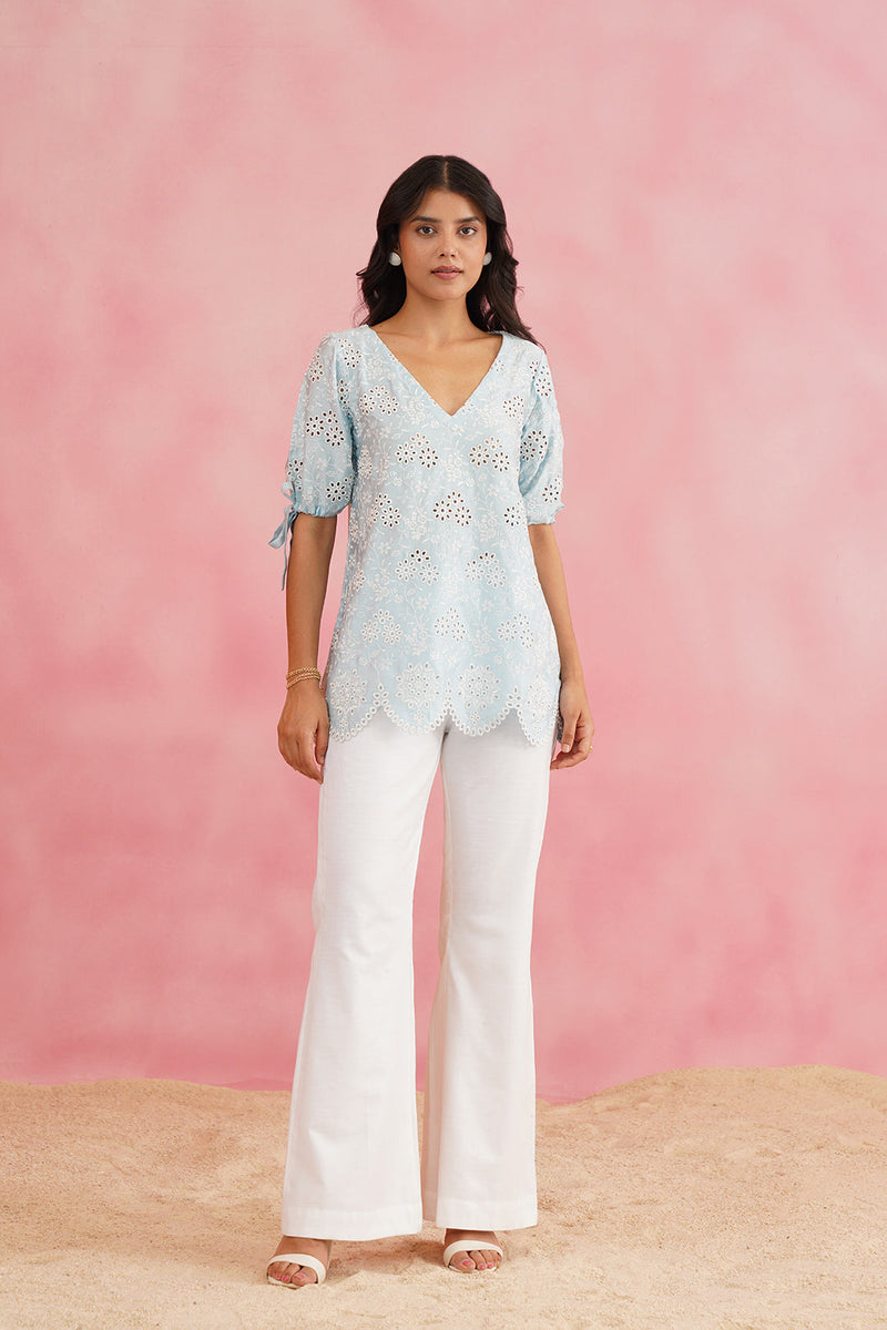 Light Blue Embroidered Top with Linen Pants