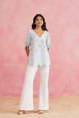 Light Blue Embroidered Top with Linen Pants