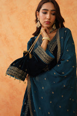 Teal Blue Velvet Embroidered Sharara Set- Inching India