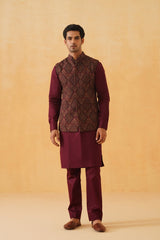 Wine Embroidered Paisley Jacket with Kurta & Pant