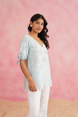 Light Blue Embroidered Top with Linen Pants