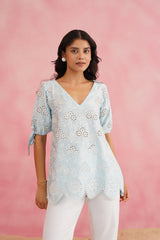 Light Blue Embroidered Top with Linen Pants