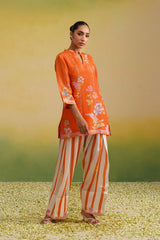 Woman wearing orange floral printed tissue kurta with striped farshi salwar