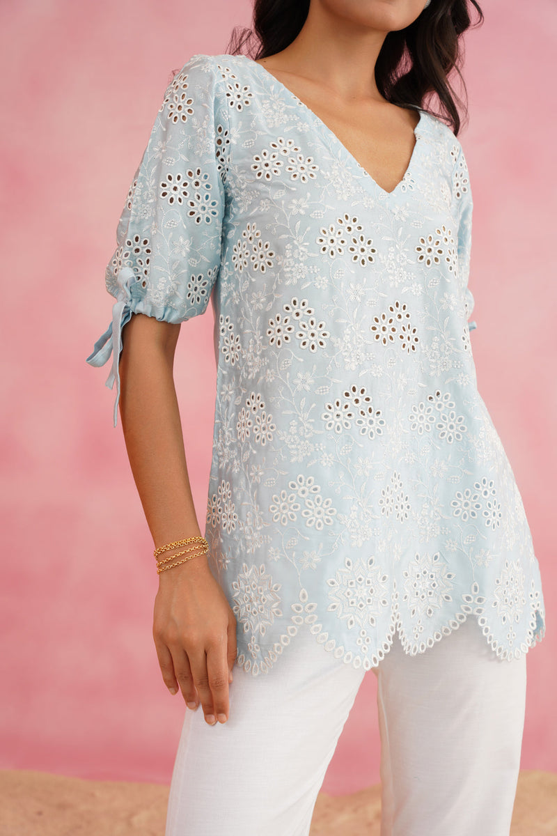 Light Blue Embroidered Top with Linen Pants