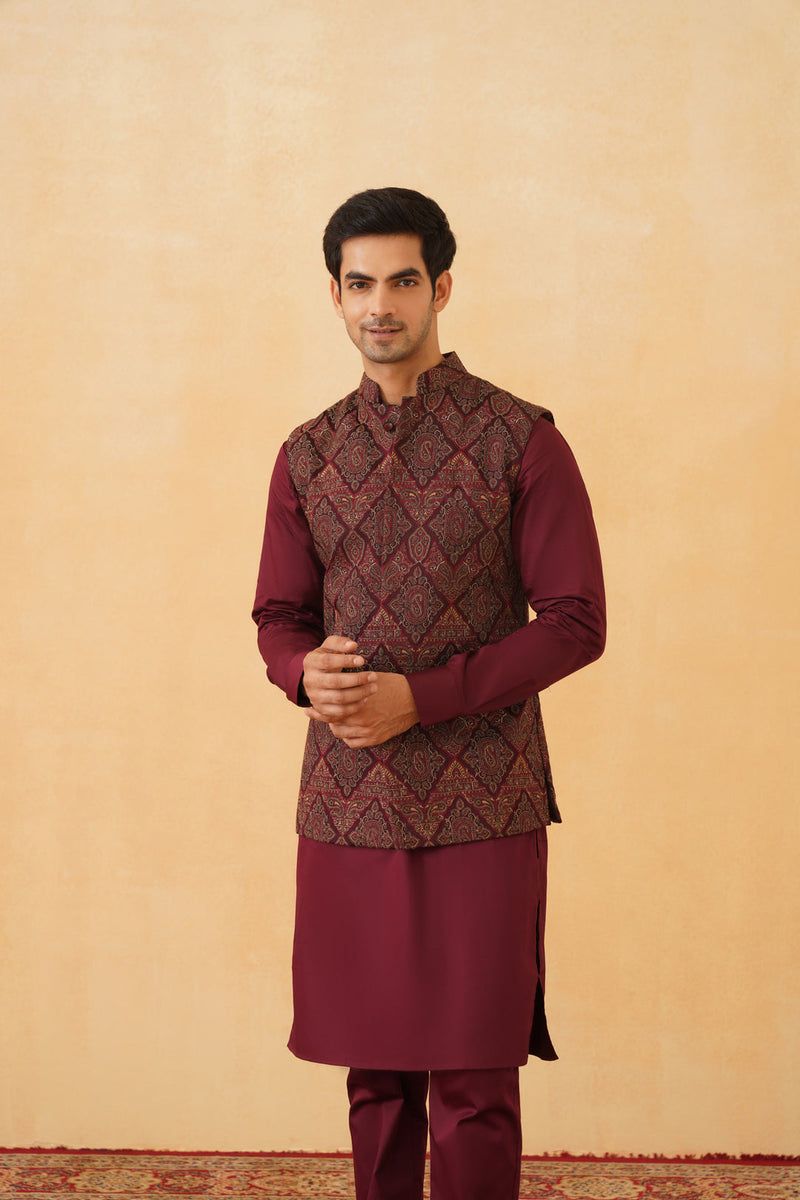 Wine Embroidered Paisley Jacket with Kurta & Pant