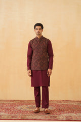 Wine Embroidered Paisley Jacket with Kurta & Pant