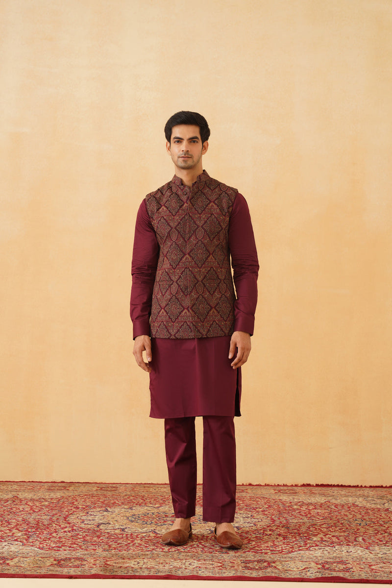 Wine Embroidered Paisley Jacket with Kurta & Pant