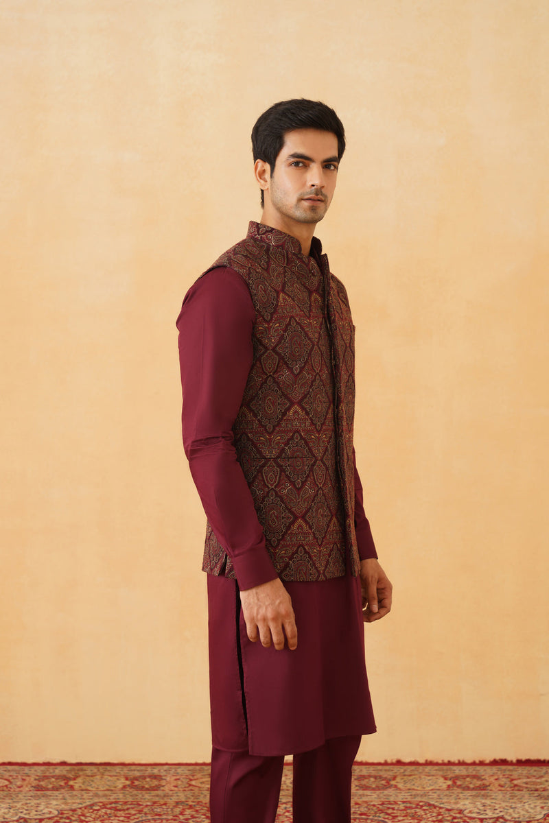 Wine Embroidered Paisley Jacket with Kurta & Pant