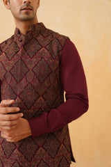 Wine Embroidered Paisley Jacket with Kurta & Pant