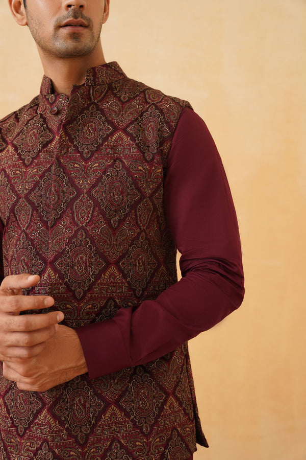 Wine Embroidered Paisley Jacket with Kurta & Pant