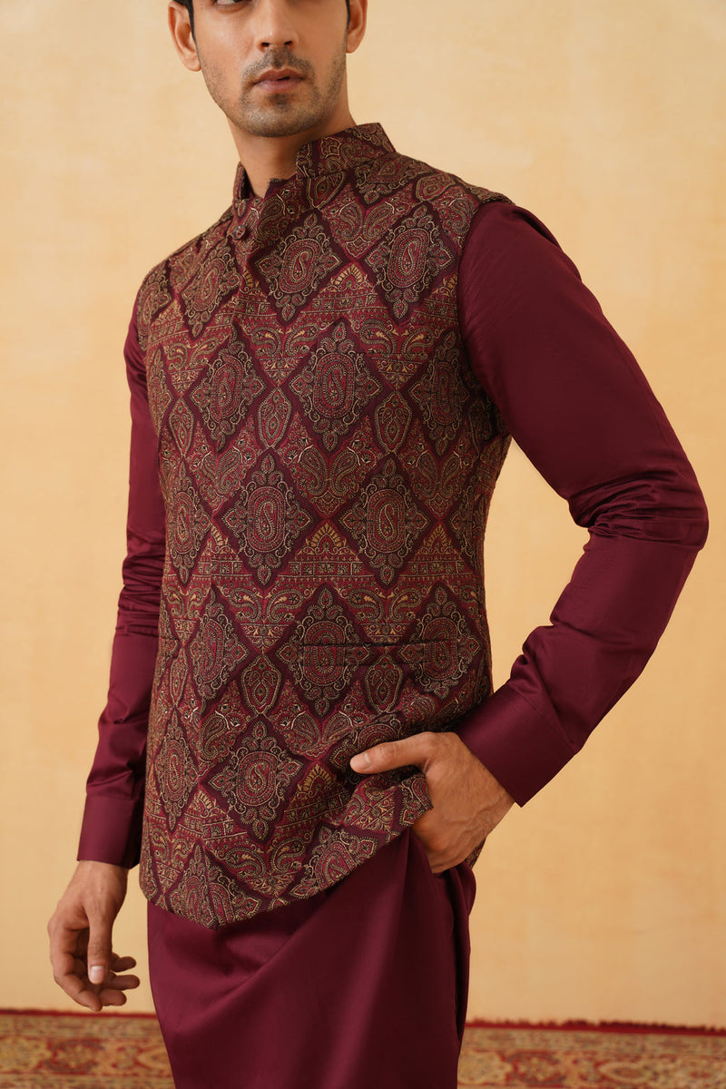 Wine Embroidered Paisley Jacket with Kurta & Pant