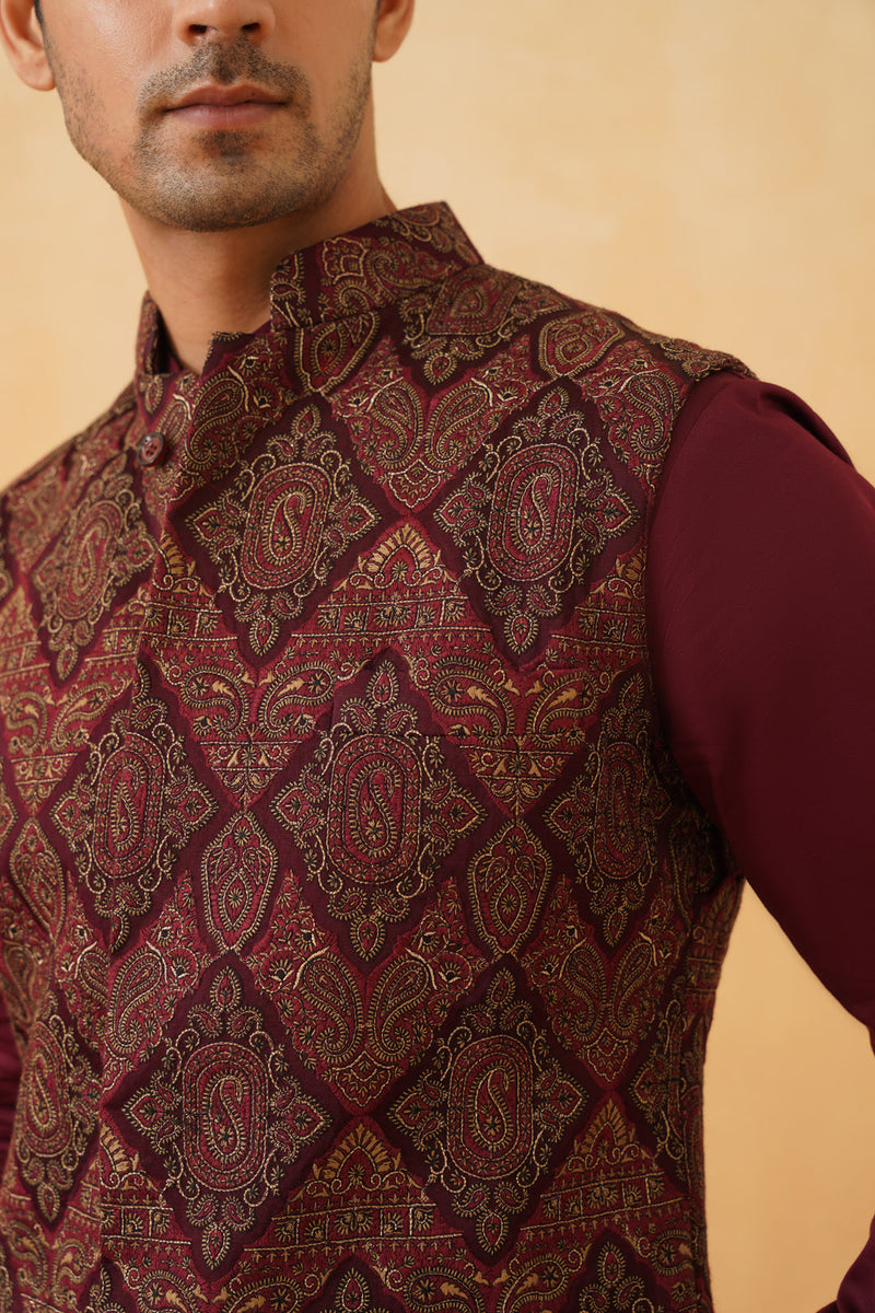 Wine Embroidered Paisley Jacket with Kurta & Pant