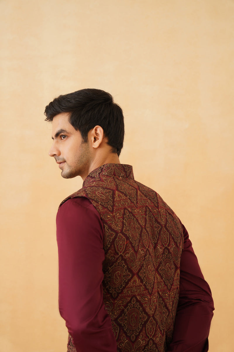 Wine Embroidered Paisley Jacket with Kurta & Pant