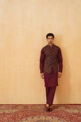 Wine Embroidered Paisley Jacket with Kurta & Pant