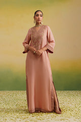 pink tissue kaftan dress, floor length, zardozi embroidery, hand embroidery, full view