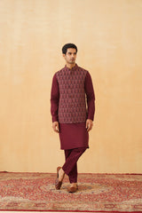 Wine Embroidered Classic Jacket with Kurta & Pant