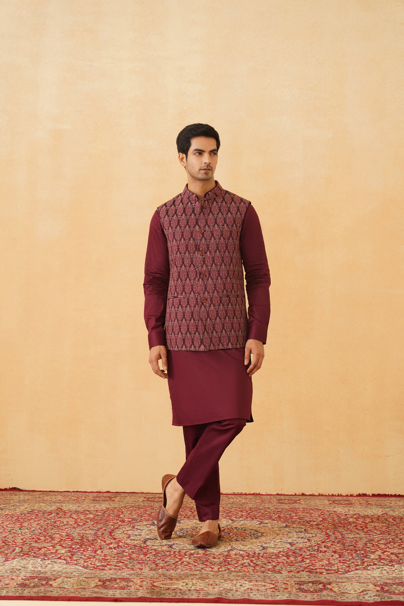 Wine Embroidered Classic Jacket with Kurta & Pant