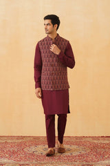 Wine Embroidered Classic Jacket with Kurta & Pant