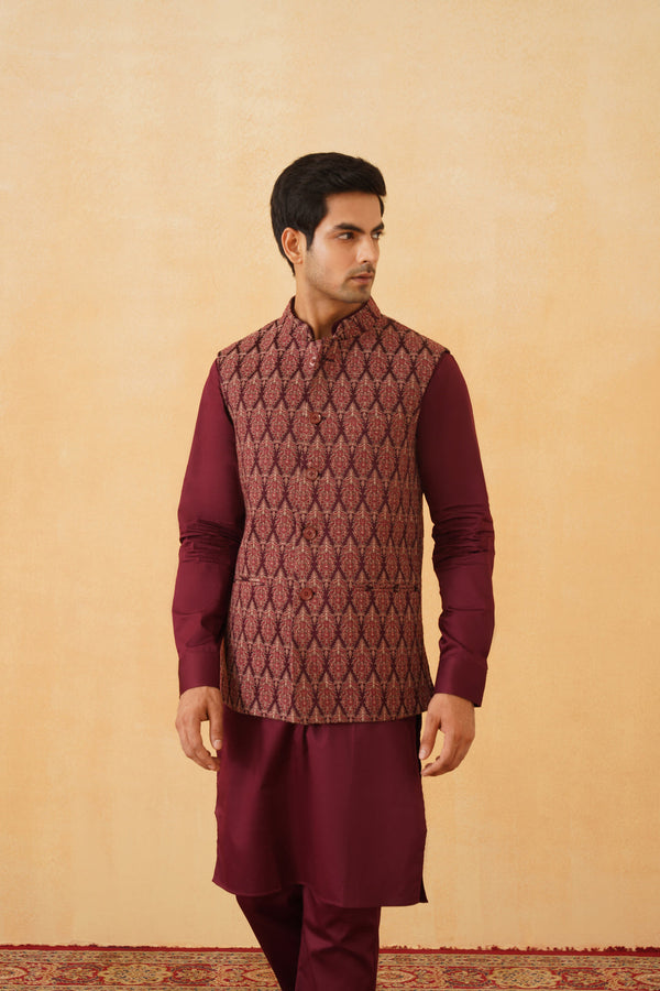 Wine Embroidered Classic Jacket with Kurta & Pant