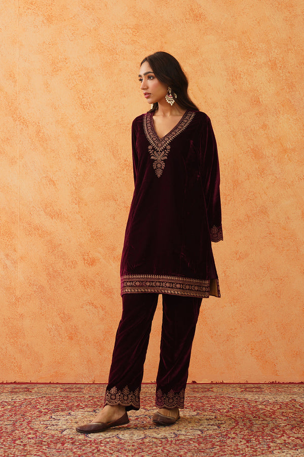 Safar Wine Velvet Embroidered Suit