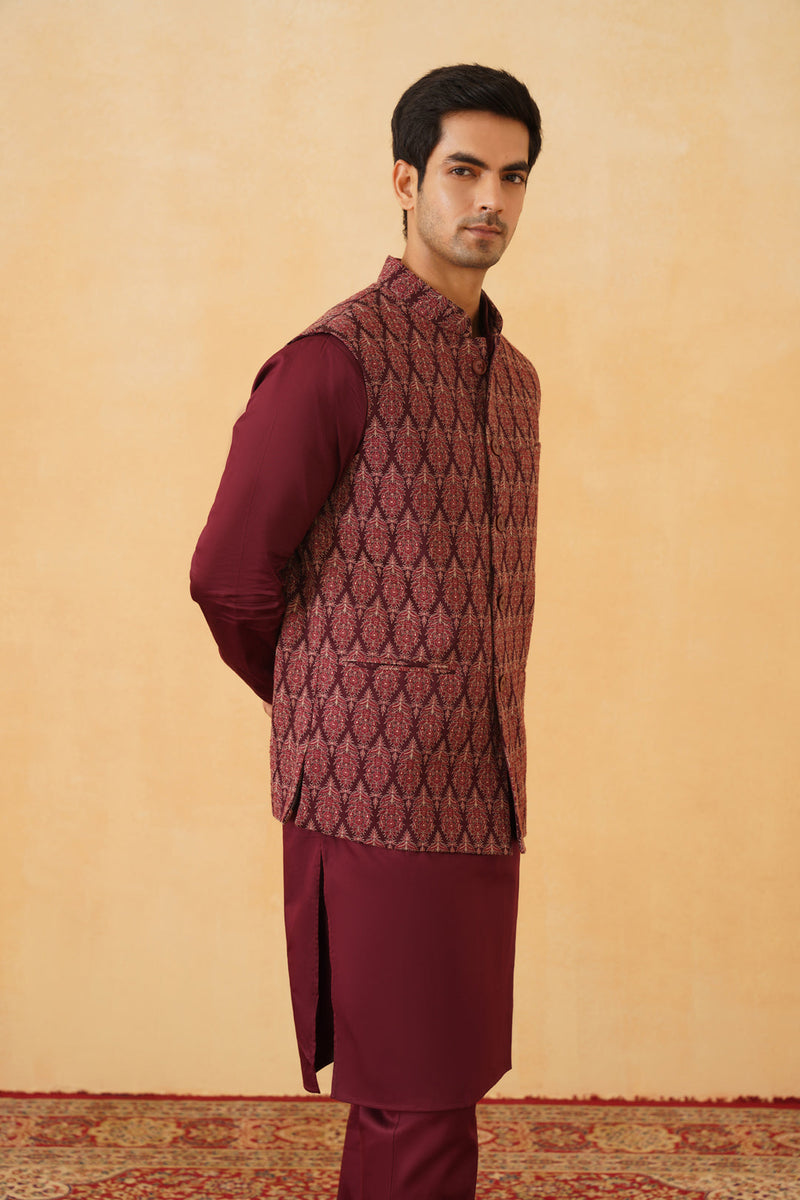 Wine Embroidered Classic Jacket with Kurta & Pant