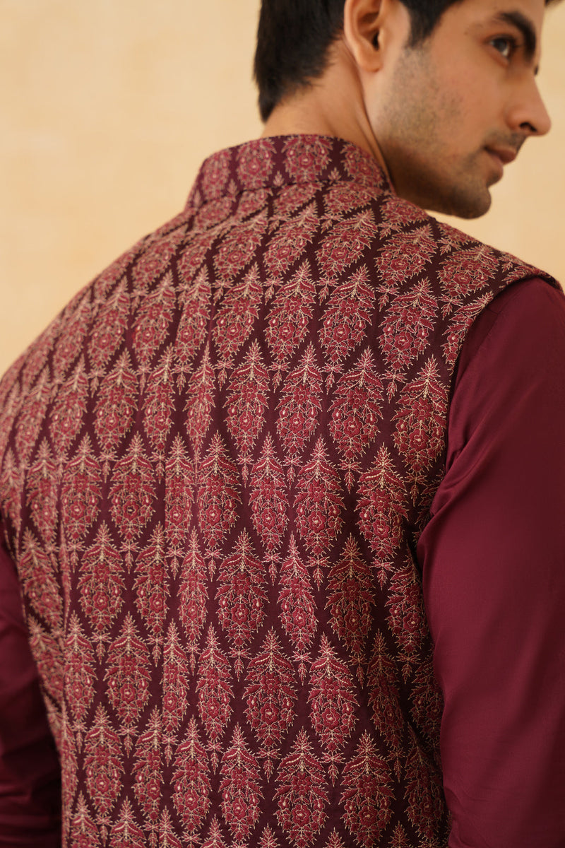 Wine Embroidered Classic Jacket with Kurta & Pant