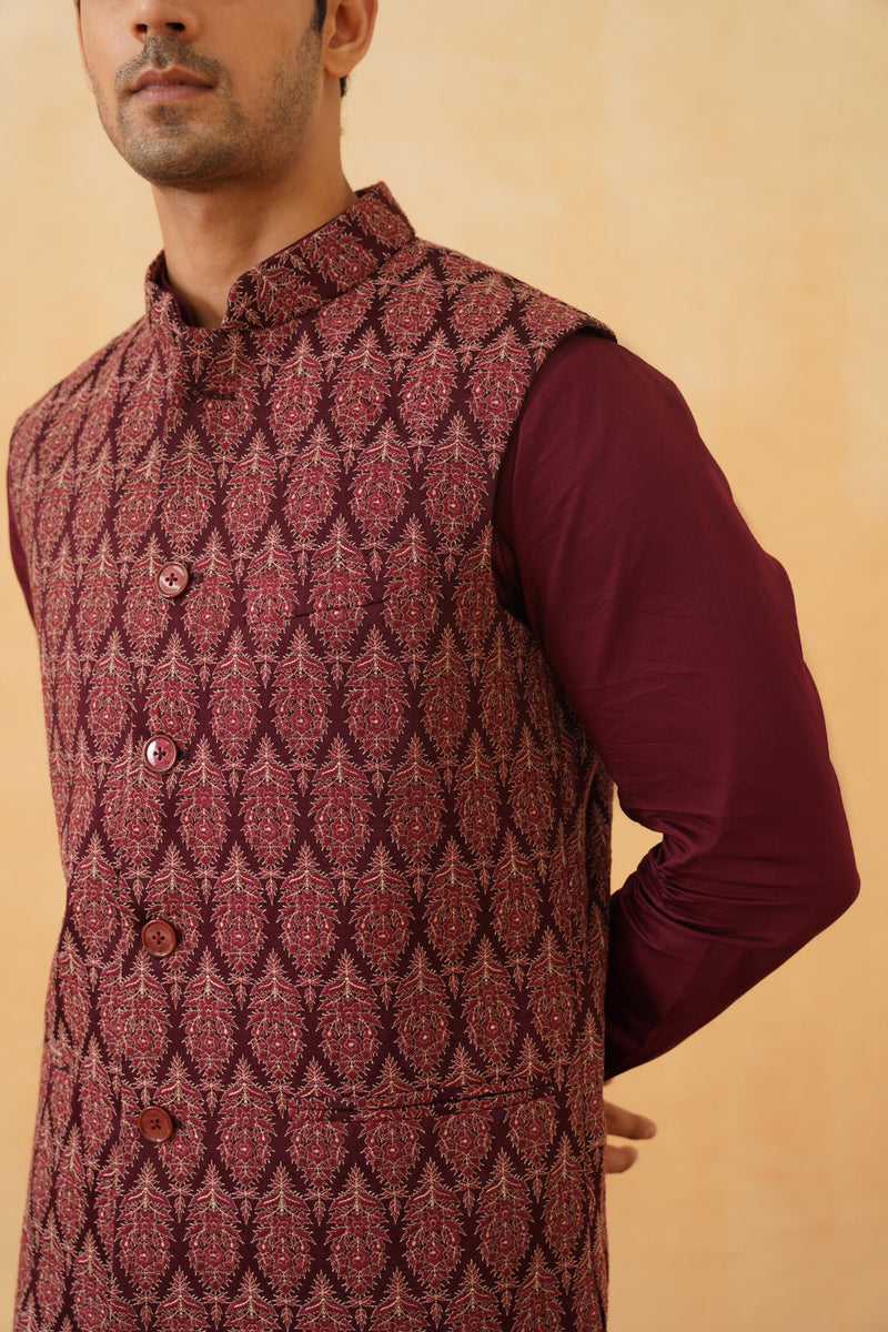 Wine Embroidered Classic Jacket with Kurta & Pant