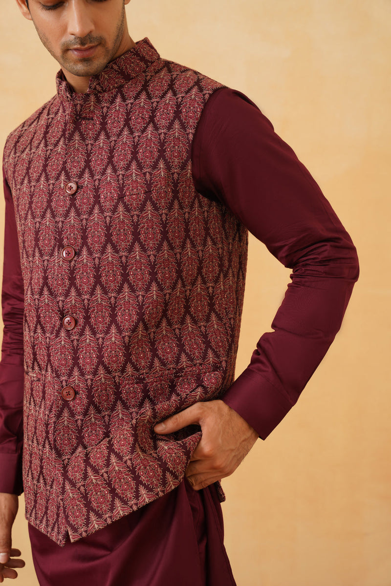 Wine Embroidered Classic Jacket with Kurta & Pant