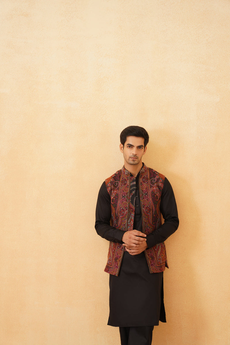 Black Paisley Jacquard Jacket with Kurta & Pant