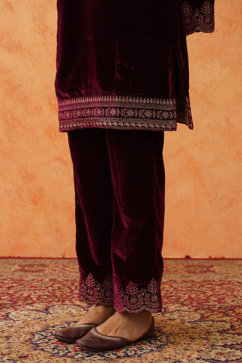 Safar Wine Velvet Embroidered Suit