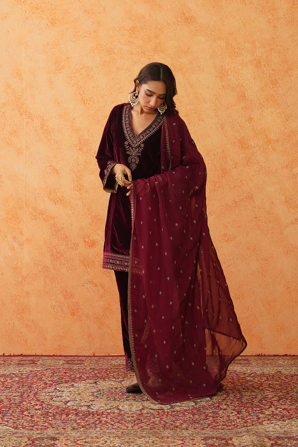 Safar Wine Velvet Embroidered Suit