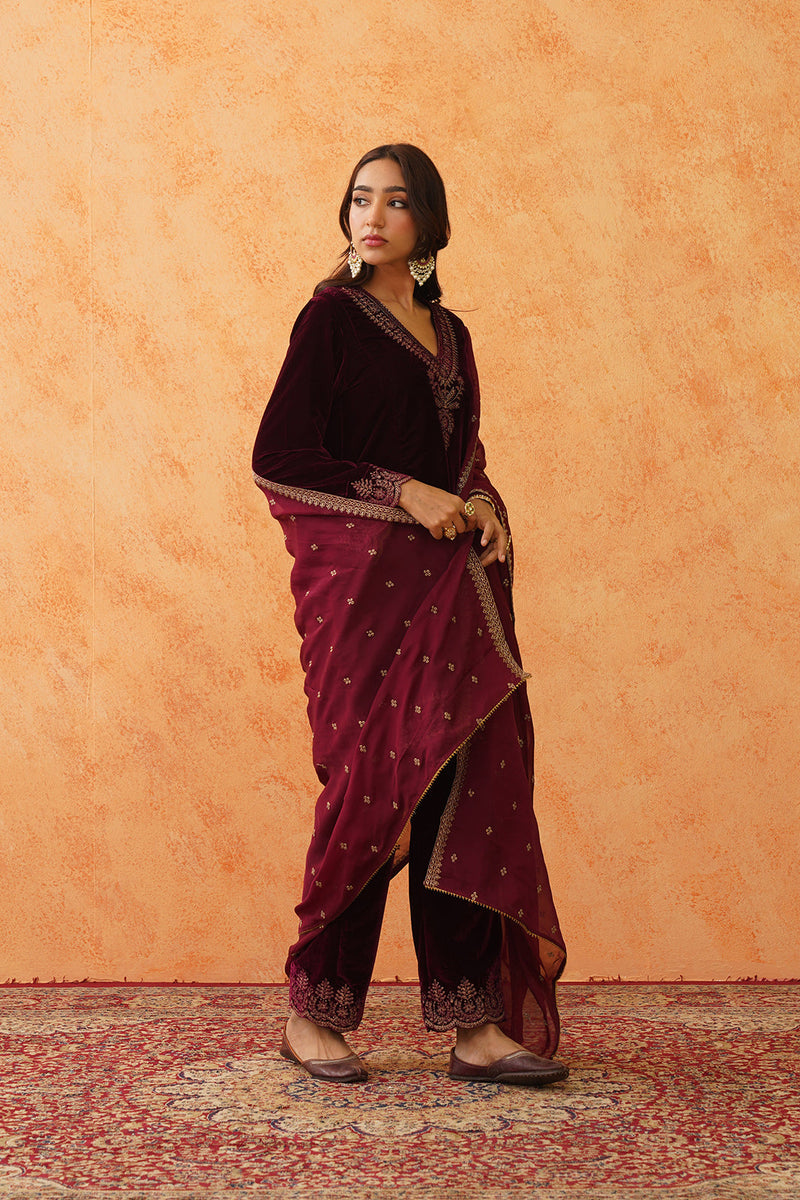 Safar Wine Velvet Embroidered Suit