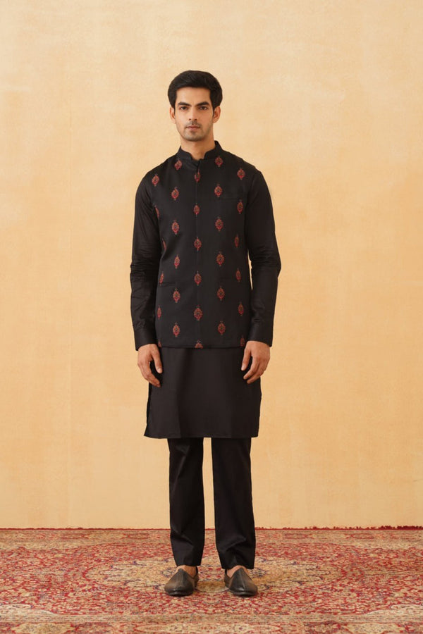 Black Embroidered Motif Jacket with Kurta & Pant