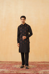 Black Embroidered Motif Jacket with Kurta & Pant