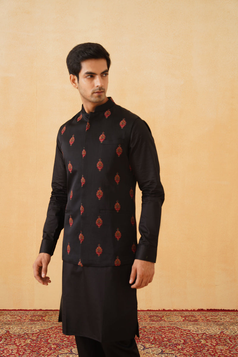 Black Embroidered Motif Jacket with Kurta & Pant