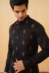 Black Embroidered Motif Jacket with Kurta & Pant