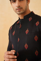 Black Embroidered Motif Jacket with Kurta & Pant