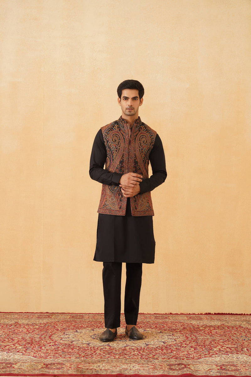 Black Kaani Jacquard Jacket with Kurta & Pant