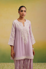 front light pink Aari embroidered farshi salwar set with dupatta