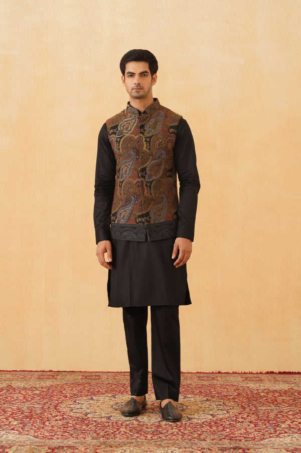 Black Tan Abstract Jacquard Jacket with Kurta & Pant