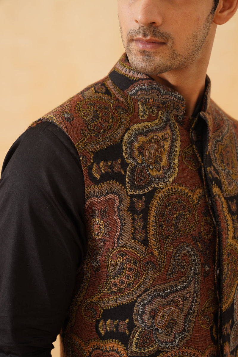 Black Tan Abstract Jacquard Jacket with Kurta & Pant